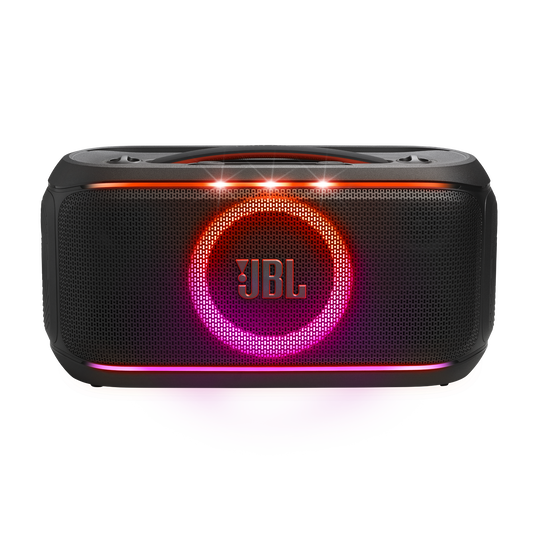 JBL PartyBox On-the-Go 2 - Black - Portable party speaker with two wireless digital mics, handle and a shoulder strap - Front