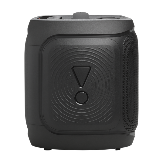 JBL PartyBox On-the-Go 2 Plus - Black - Portable party speaker with real-time AI vocal removal, two wireless mics, powerful JBL Pro Sound, a dynamic lightshow, up to 15 hours of playtime, and a replaceable battery, plus a handle and shoulder strap - Left