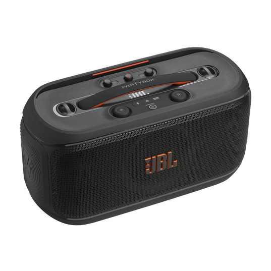 JBL PartyBox On-the-Go 2 Plus - Black - Portable party speaker with real-time AI vocal removal, two wireless mics, powerful JBL Pro Sound, a dynamic lightshow, up to 15 hours of playtime, and a replaceable battery, plus a handle and shoulder strap - Detailshot 2