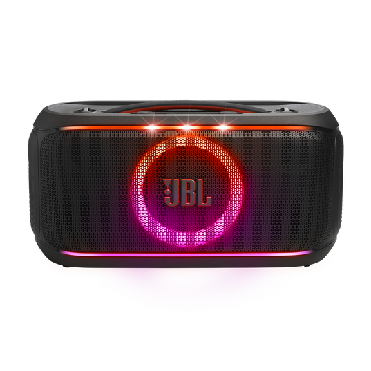 JBL PartyBox On-the-Go 2 Plus - Black - Portable party speaker with real-time AI vocal removal, two wireless mics, powerful JBL Pro Sound, a dynamic lightshow, up to 15 hours of playtime, and a replaceable battery, plus a handle and shoulder strap - Front