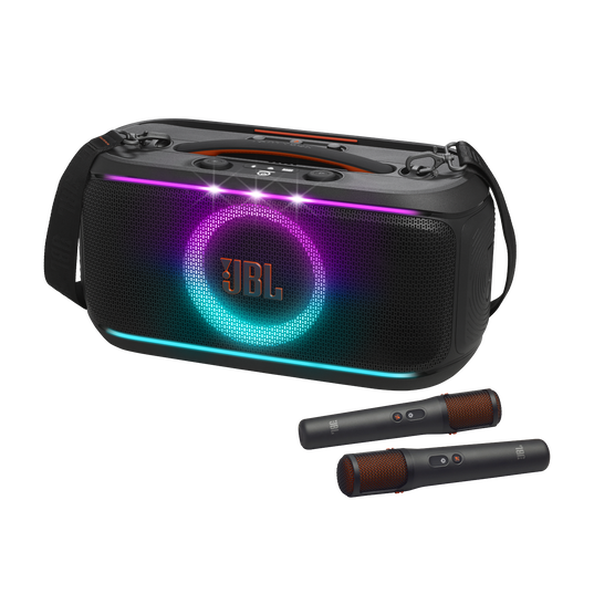 JBL PartyBox On-the-Go 2 Plus - Black - Portable party speaker with real-time AI vocal removal, two wireless mics, powerful JBL Pro Sound, a dynamic lightshow, up to 15 hours of playtime, and a replaceable battery, plus a handle and shoulder strap - Hero