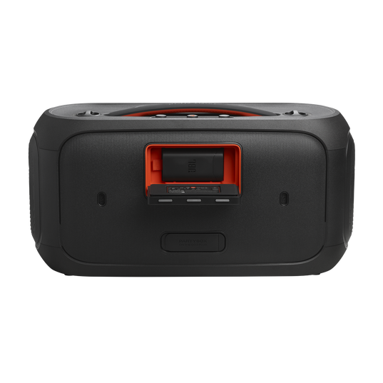 JBL PartyBox On-the-Go 2 Plus - Black - Portable party speaker with real-time AI vocal removal, two wireless mics, powerful JBL Pro Sound, a dynamic lightshow, up to 15 hours of playtime, and a replaceable battery, plus a handle and shoulder strap - Back