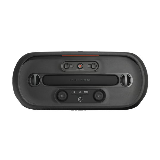 JBL PartyBox On-the-Go 2 Plus - Black - Portable party speaker with real-time AI vocal removal, two wireless mics, powerful JBL Pro Sound, a dynamic lightshow, up to 15 hours of playtime, and a replaceable battery, plus a handle and shoulder strap - Top
