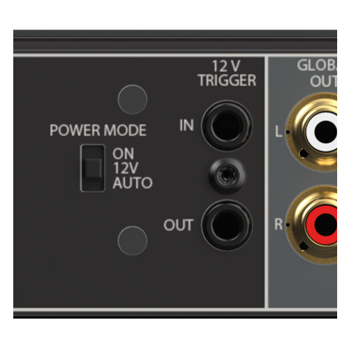 Three power mode control options include 12V trigger, audio sensing inputs or always on